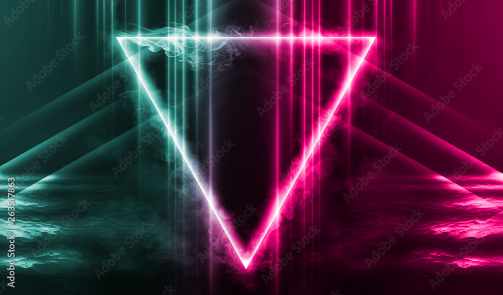 Empty background scene. Rays of neon light in the dark, neon figure of a triangle, smoke. Night view of the street, the city. Abstract dark background. Empty background scene. Rays of neon light in the dark, neon figure of a triangle, smoke. Night view of the street, the city. Abstract dark background.
