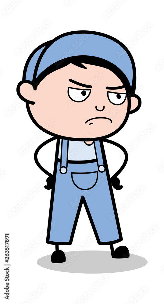 Hard Look - Retro Repairman Cartoon Worker Vector Illustration