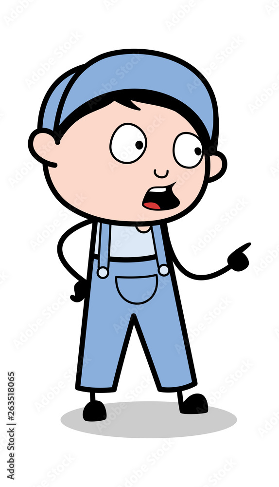 Pointing While Talking - Retro Repairman Cartoon Worker Vector Illustration