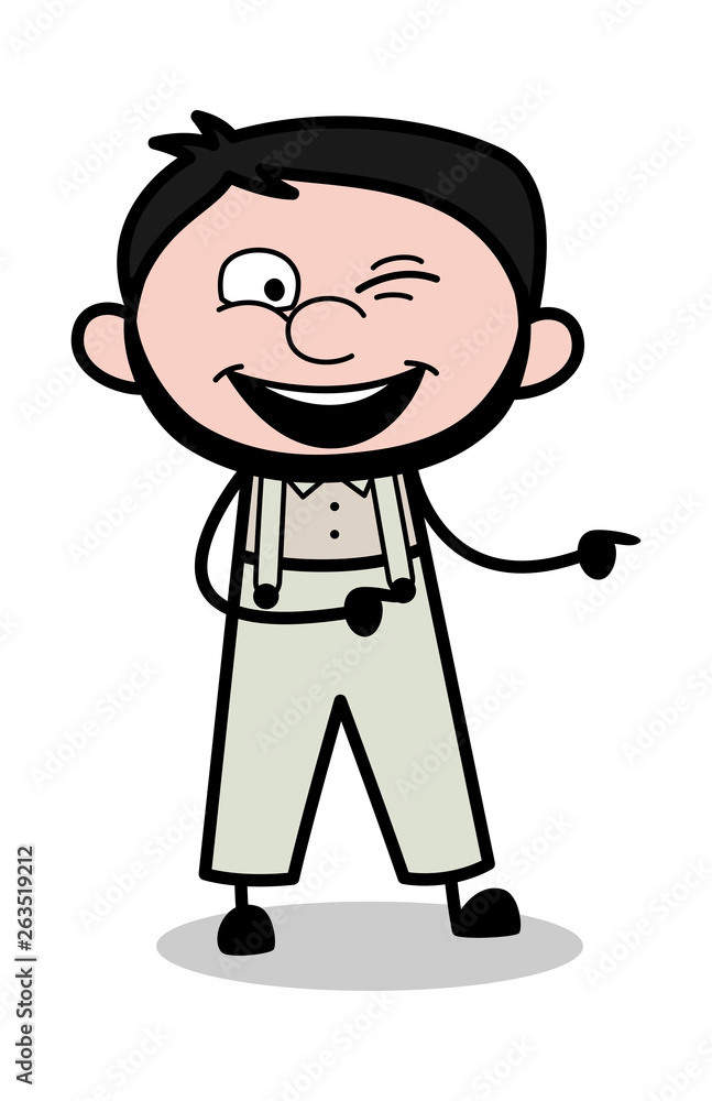Pointing and Winking Eye - Retro Repairman Cartoon Worker Vector Illustration Pointing and Winking Eye - Retro Repairman Cartoon Worker Vector Illustration