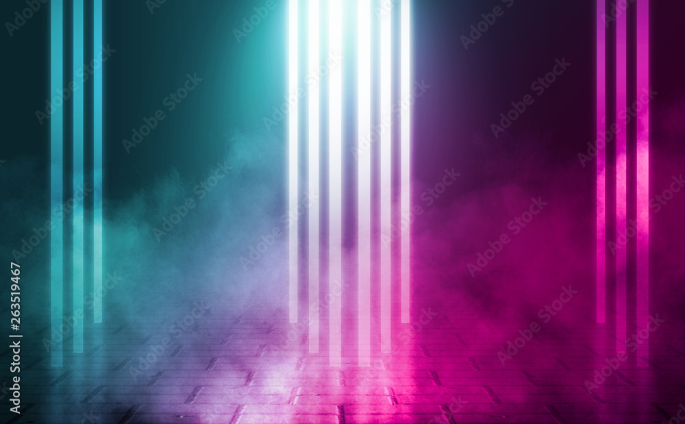 Empty background scene. Dark reflection of the street on the wet asphalt. Rays of neon light in the dark, neon figures, smoke. Night view of the street, the city. Abstract dark background. Empty background scene. Dark reflection of the street on the wet asphalt. Rays of neon light in the dark, neon figures, smoke. Night view of the street, the city. Abstract dark background.