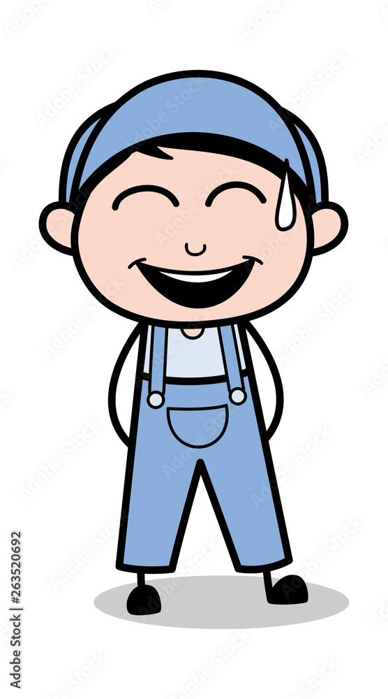 Laughing on Joke - Retro Repairman Cartoon Worker Vector Illustration