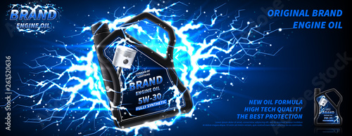 Engine oil advertisement background. Vector illustration with realistic motor oil canister and lightnings on dark background. 3d ads template.