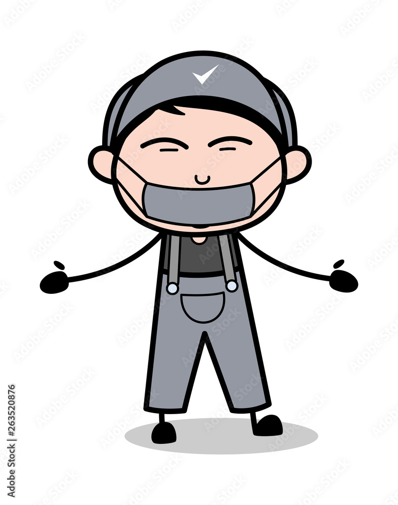 Medical Mask On Face - Retro Repairman Cartoon Worker Vector Illustration Medical Mask On Face - Retro Repairman Cartoon Worker Vector Illustration