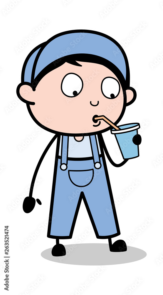 Drinking Water - Retro Repairman Cartoon Worker Vector Illustration