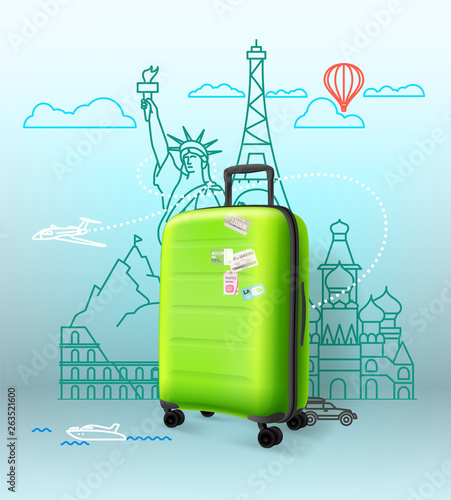 Green plastic suitcase with famous sightseengs