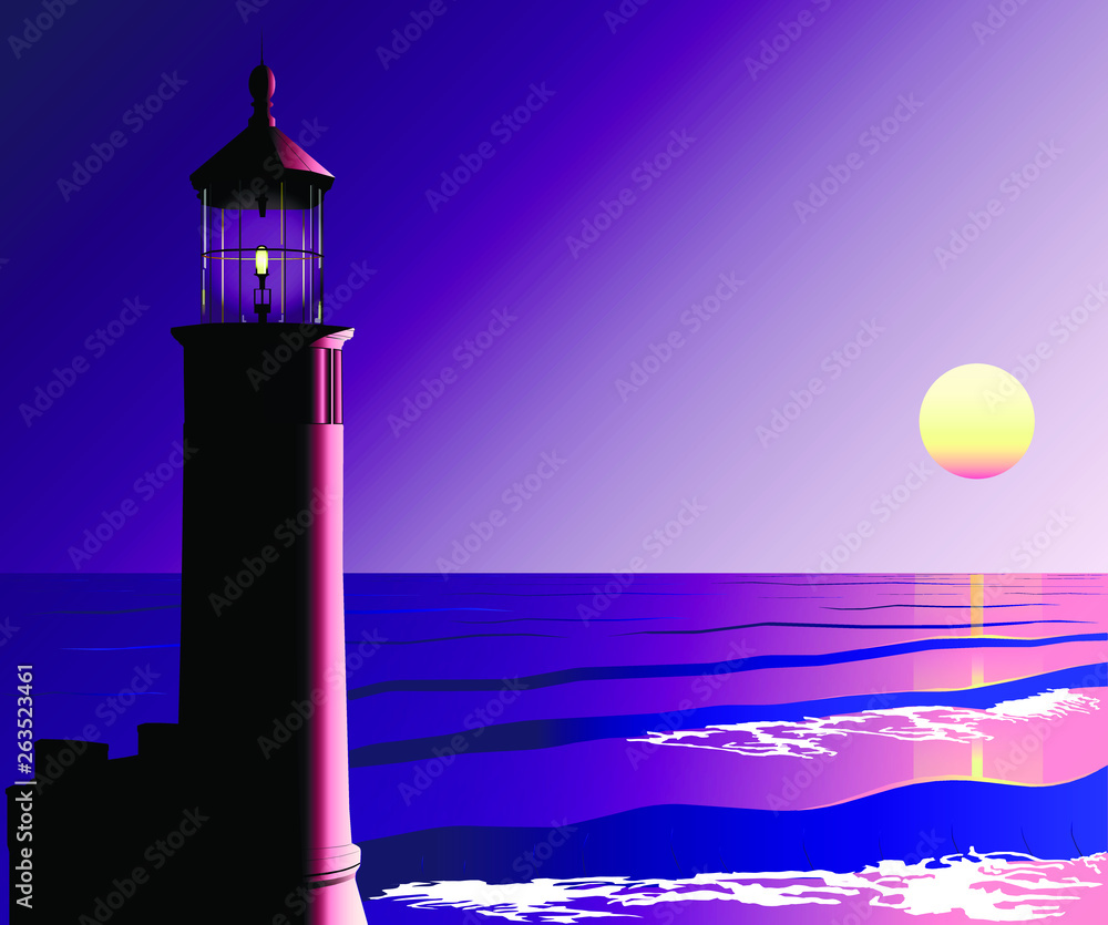 Lighthouse at sunset , vector graphics