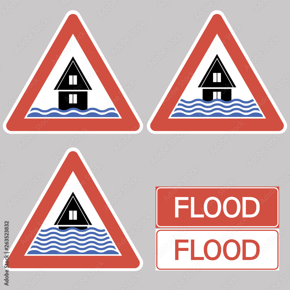 The degree of flooding.Sign. An illustrative graphic poster, a triangular sign with a flooded house. The degree of flooding.Sign. An illustrative graphic poster, a triangular sign with a flooded house.