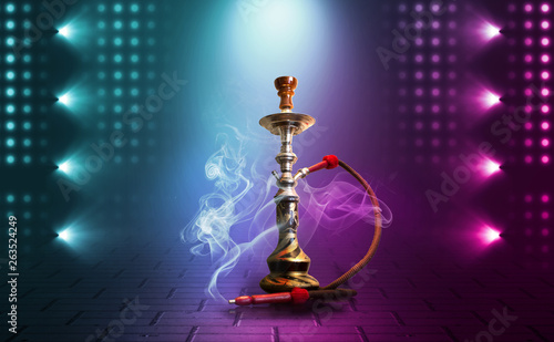 Hookah, smoke on a dark abstract background. Background of empty scenes with multicolored neon lights, reflection of night lights on wet pavement