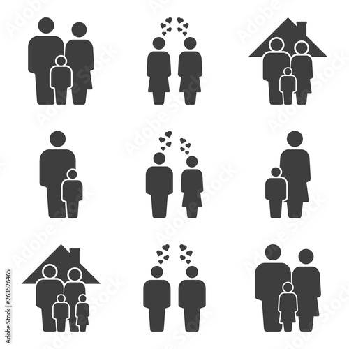 Set of family icons. Different variants of marital status. Vector on white background.