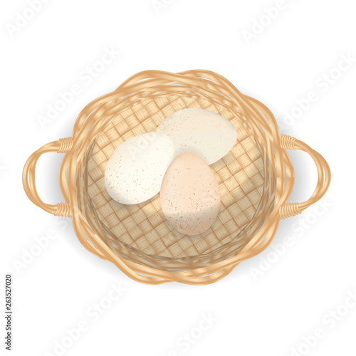three chicken eggs with patches on the shell are in a small wicker basket with handles. vector isolated on white background