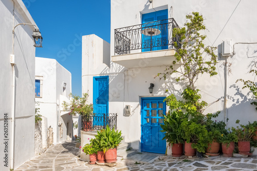 View of a narrow street in old town of Naoussa, Paros island, Cyclades