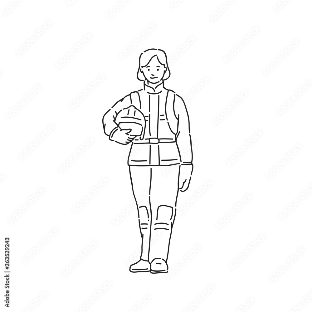 Fireman woman in professional protective suit. Line art style character vector black white isolated illustration.