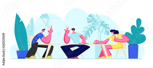 Group of Young People Playing Cards Together on Summer Holiday or Weekend Outdoors Sitting Around Table. Joyful Sparetime in Friends Company, Leisure, Recreation Fun. Cartoon Flat Vector Illustration