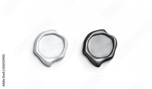 Blank white wax stamp mockups, isolated on, depth of field, 3d rendering. Empty postage seal mock up, top view. Clear waxy label for scrapbook template.