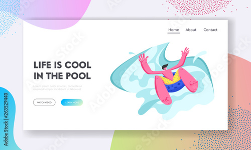 Excited Man Sliding by Inflatable Float at Waterpark on Summertime Holiday Vacation. Water Fun Summer Leisure, Aquapark Visiting Website Landing Page, Web Page Cartoon Flat Vector Illustration, Banner