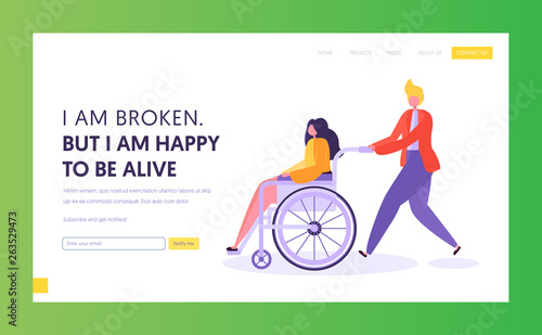 Man Pushing Young Disabled Girl Sitting in Wheelchair. Male Character Support his Friend, Handicapped Person Enjoying Full Life. Website Landing Page, Web Page Cartoon Flat Vector Illustration, Banner