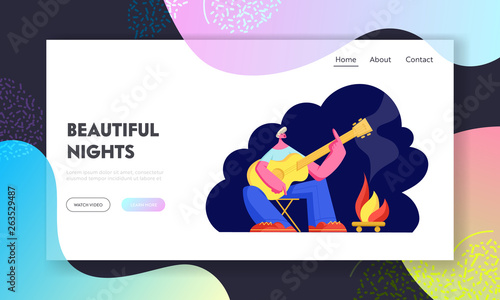 Young Man Playing Guitar at Campfire in Night Camping Place and Singing Songs, Touristic Hike, Summer Camp Vacation Weekend