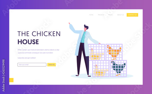 Poultry Farm in Wearing White Robe Standing near Baskets with Alive Chickens. Food Industry, Hen Eggs, Meat Feathers Production. Website Landing Page, Web Page Cartoon Flat Vector Illustration, Banner