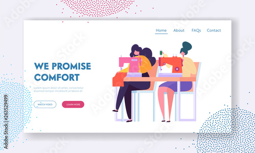 Women Dressmakers Seamstress Work at Sewing Machines in Atelier or Fabric Factory. Girls Sewers in Process of Garment Creation. Website Landing Page, Web Page Cartoon Flat Vector Illustration, Banner