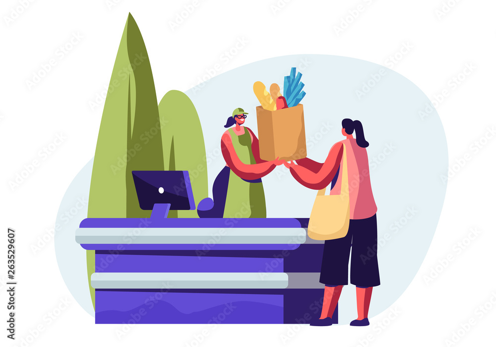 Woman Buying Healthy Food in Reusable Packing in Eco Store. Smiling Cashier Girl Character Giving Eco Friendly Paper Bag with Products. Ecology Protection, Recycling Cartoon Flat Vector Illustration Stock Vector | Adobe Woman Buying Healthy Food in Reusable Packing in Eco Store. Smiling Cashier Girl Character Giving Eco Friendly Paper Bag with Products. Ecology Protection, Recycling Cartoon Flat Vector Illustration Stock Vector | Adobe