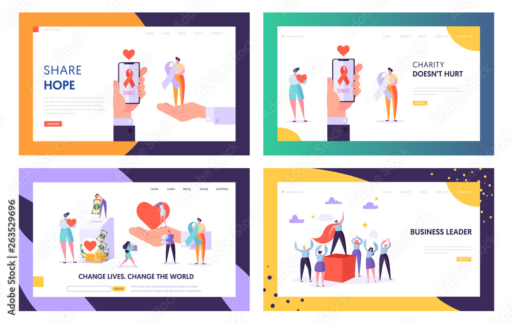Donation, Charity, Volunteers Work and Leadership Website Landing Page Templates Set, Change World, Donate Healthy Transplantable Organ or Money. Web Page Cartoon Flat Vector Illustration, Banner