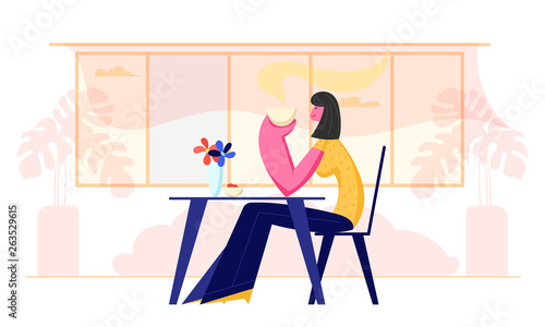 Young Woman Visiting in Restaurant or Cafe. Female Character Sitting at Table Holding Coffee Cup in Hands Drinking Beverage. Girl Have Relaxing Sparetime in Cafeteria. Cartoon Flat Vector Illustration