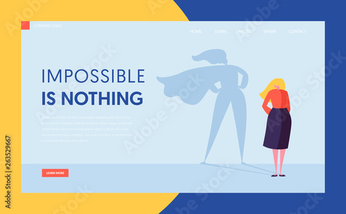 Business Woman with Super Hero Cloak Shadow Silhouette. Female Character Businesswoman Leadership Motivation Concept, Superhero. Website Landing Page, Web Page Cartoon Flat Vector Illustration, Banner
