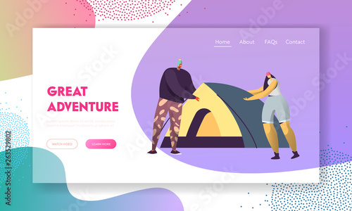 Man and Woman Set Up Tent. Male and Female Tourists Characters Sparetime in Camping on Nature. Active Rest Outdoors, Hiking. Website Landing Page, Web Page Cartoon Flat Vector Illustration, Banner