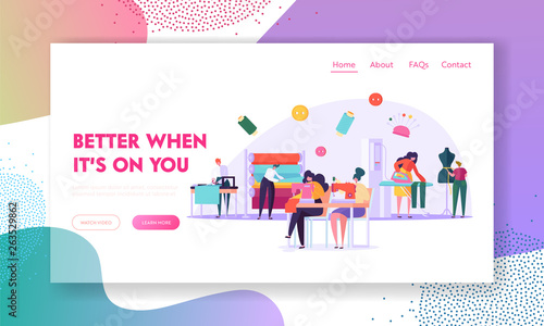 Sewing Clothes Textile Factory. Seamstress Characters Work with Thread Machine in Fashion Atelier. Cloth Manufacturing Workers Website Landing Page, Web Page Cartoon Flat Vector Illustration, Banner