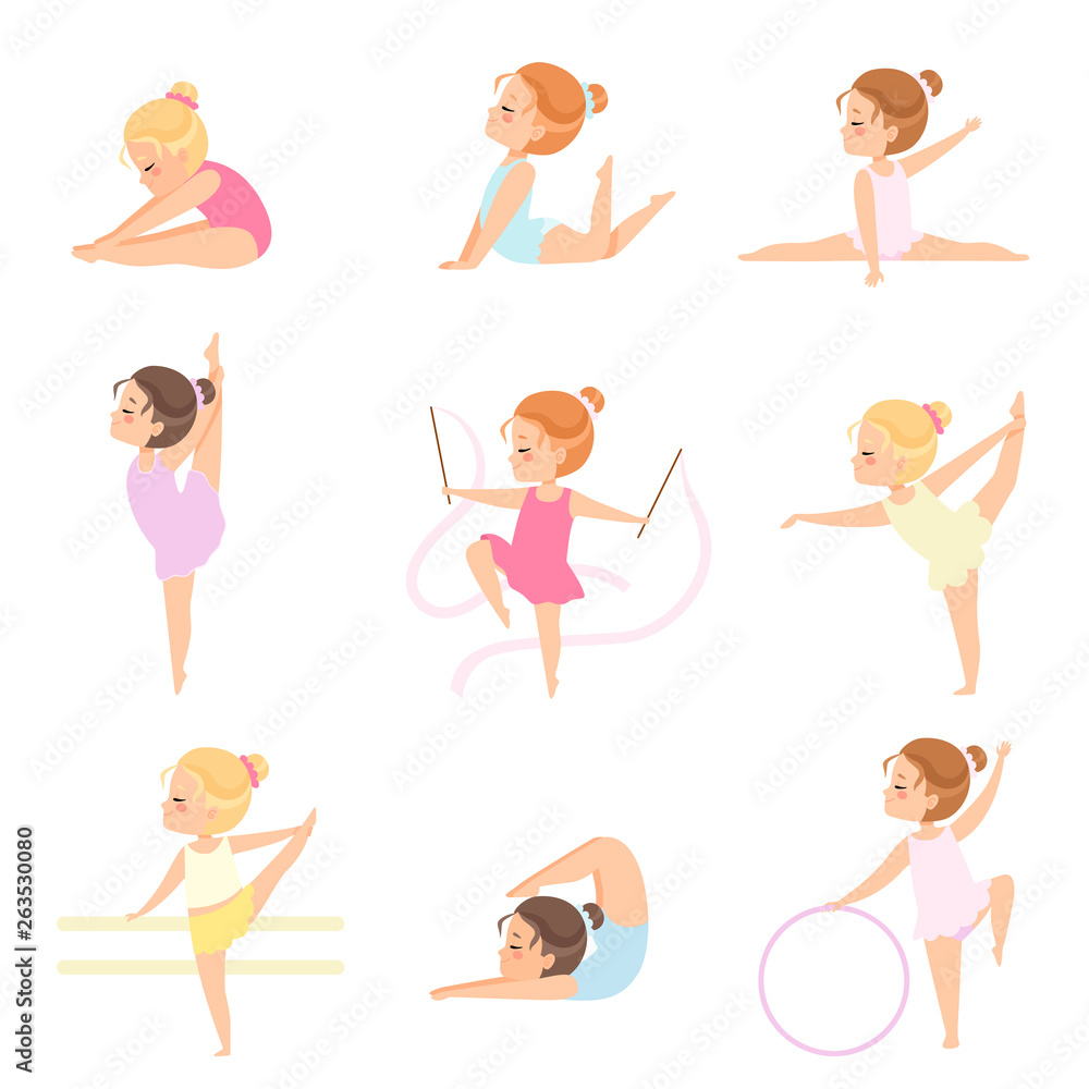 Cute Little Ballerinas Doing Exercises Set, Girls Gymnasts Characters Training in Leotards Vector Illustration Cute Little Ballerinas Doing Exercises Set, Girls Gymnasts Characters Training in Leotards Vector Illustration