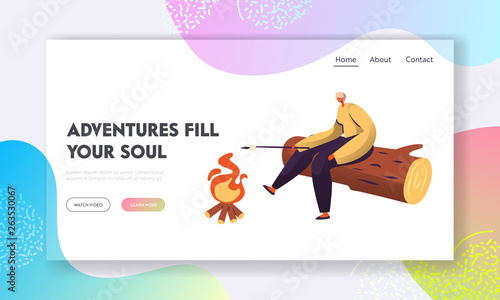 Young Man Frying Marshmallow at Campfire at Night Touristic Summer Camp. Traveling Male Character Leisure, Night Spare Time. Website Landing Page, Web Page. Cartoon Flat Vector Illustration, Banner