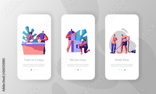 Housekeeping People Clean Home. Put Clothes to Washing Machine, Wiping Floor and Cleaning Dishes. Mobile App Page Onboard Screen Set Concept for Website or Web Page Cartoon Flat Vector Illustration