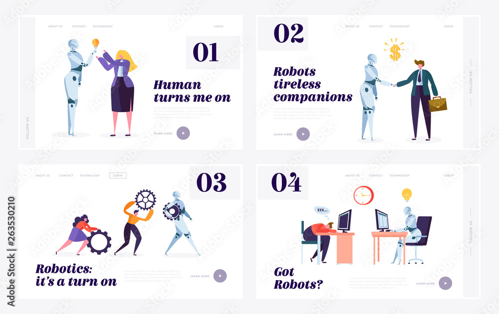 Human and Robot Website Landing Page Templates Set. Concept of ...