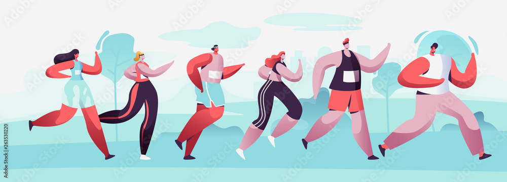 Group of Male and Female Characters Running Marathon Distance in Raw. Sport Jogging Competition. Athlete Sprinter Sportsmen and Sportswomen Run Marathon, Sprint Race. Cartoon Flat Vector Illustration Group of Male and Female Characters Running Marathon Distance in Raw. Sport Jogging Competition. Athlete Sprinter Sportsmen and Sportswomen Run Marathon, Sprint Race. Cartoon Flat Vector Illustration
