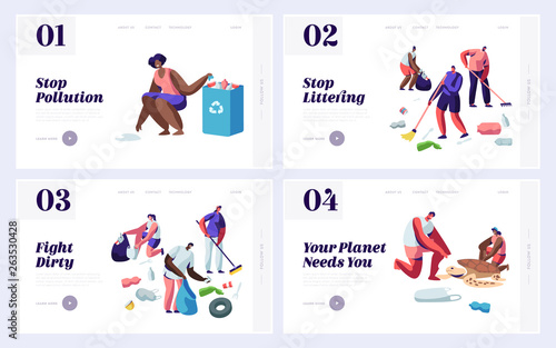People Saving and Cleaning Planet from Trash Website Landing Page Templates Set. Male and Female Characters Raking Earth Surface, Recycle and Ecology. Web Page Cartoon Flat Vector Illustration, Banner