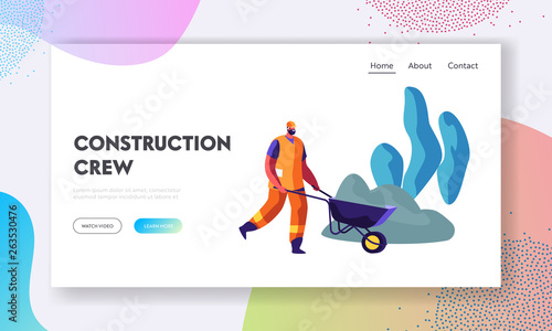 Bearded Worker in Helmet and Orange Uniform Pushing Wheelbarrow on Road Repair or Building Construction Process. Roadworks Website Landing Page, Web Page Cartoon Flat Vector Illustration, Banner