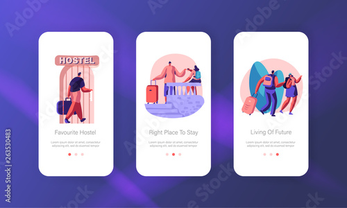 Tourist Characters Move into Hostel for Stay at Night, Cheap Accommodation for Students or Travelers Mobile App Page Onboard Screen Set Concept for Website or Web Page Cartoon Flat Vector Illustration