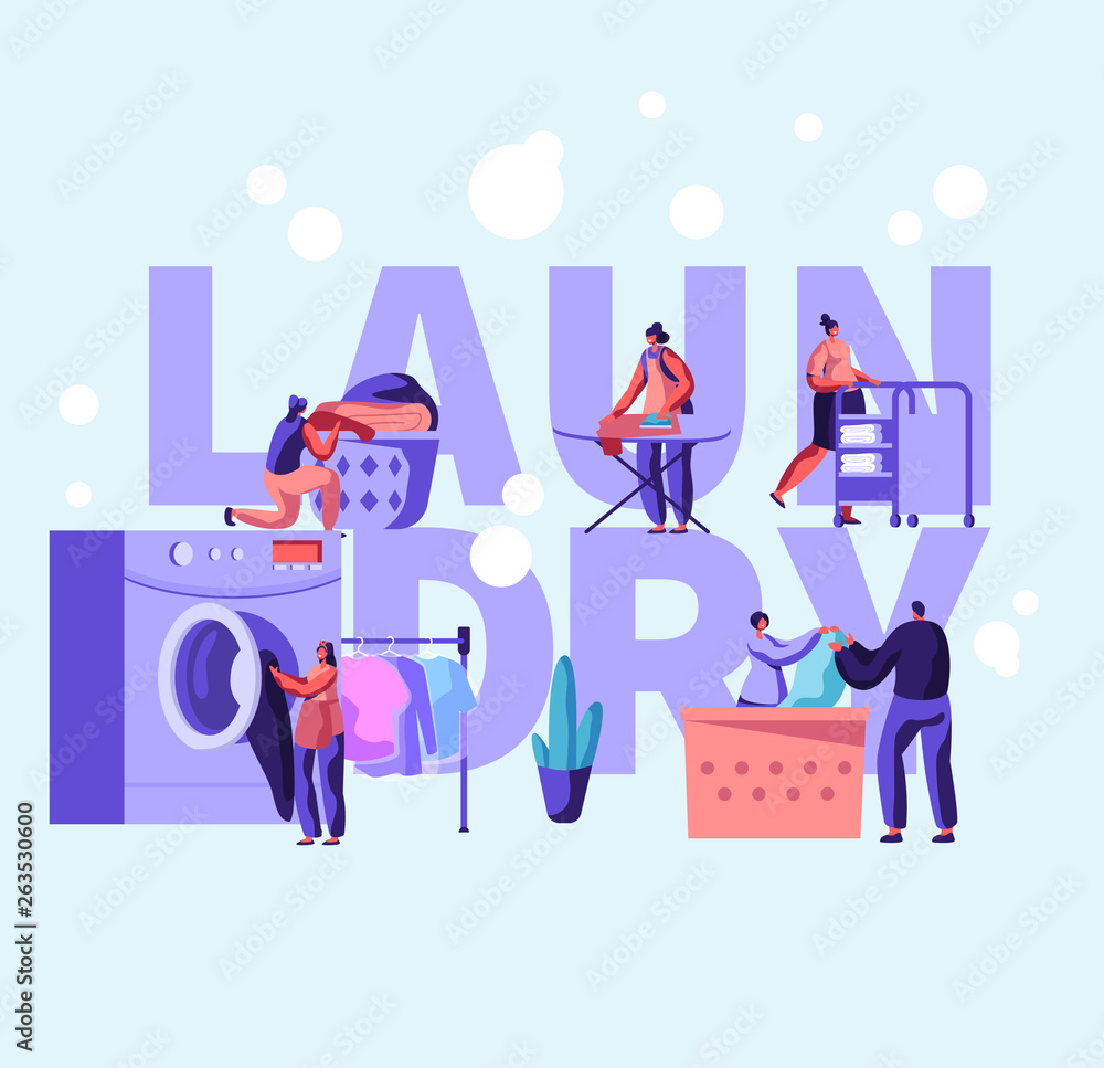 Laundry Concept Poster with Male and Female Characters Loading Dirty