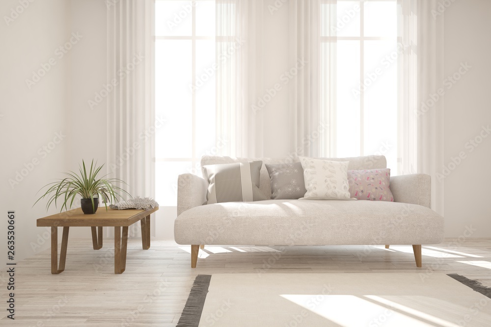 Fototapeta premium Stylish room in white color with sofa. Scandinavian interior design. 3D illustration