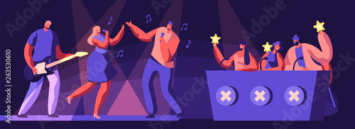 Music Band Take Part in Talents Show. Artists Characters Sing and Play Guitar on Stage in Front of Judges Holding Gold Stars in Hands Cartoon Flat Vector Illustration. Cartoon Flat Vector Illustration