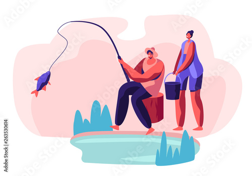 Fisherman Sitting on Coast of Pond Catching Fish, Woman Stand with Bucket. People Relaxing on Nature, Weekend Leisure, Family Resting Outdoors. Man Fishing on Lake Cartoon Flat Vector Illustration