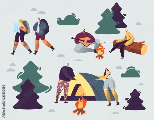 Company of Young People Spend Time at Summer Camp in Deep Forest. Set Up Tent, Playing Guitar at Campfire. Men and Woman Friends Hiking with Backpack on Vacation. Cartoon Flat Vector Illustration