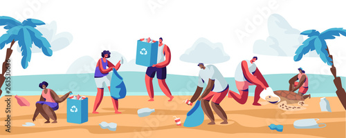 People Collecting Trash into Bags on Beach. Pollution of Seaside with Different Kinds of Garbage. Volunteers Clean Up Wastes on Ocean Coast. Ecology Protection Concept Cartoon Flat Vector Illustration