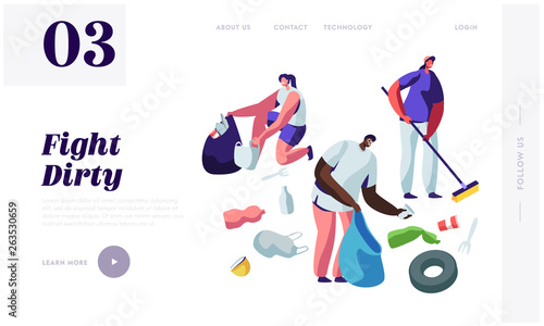 Multiracial Volunteers Characters Picking Up Litter, Planet Cleanup. People Collecting Trash into Bags, Environmental Pollution Website Landing Page, Web Page Cartoon Flat Vector Illustration, Banner