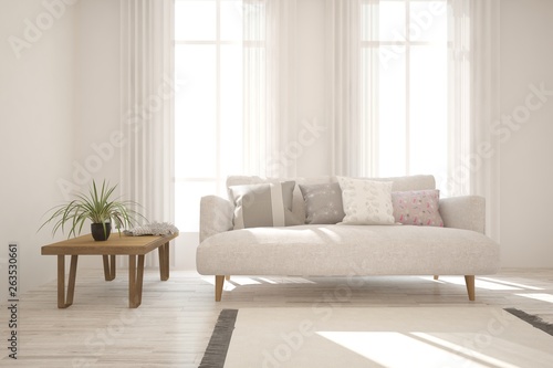 Stylish room in white color with sofa. Scandinavian interior design. 3D illustration