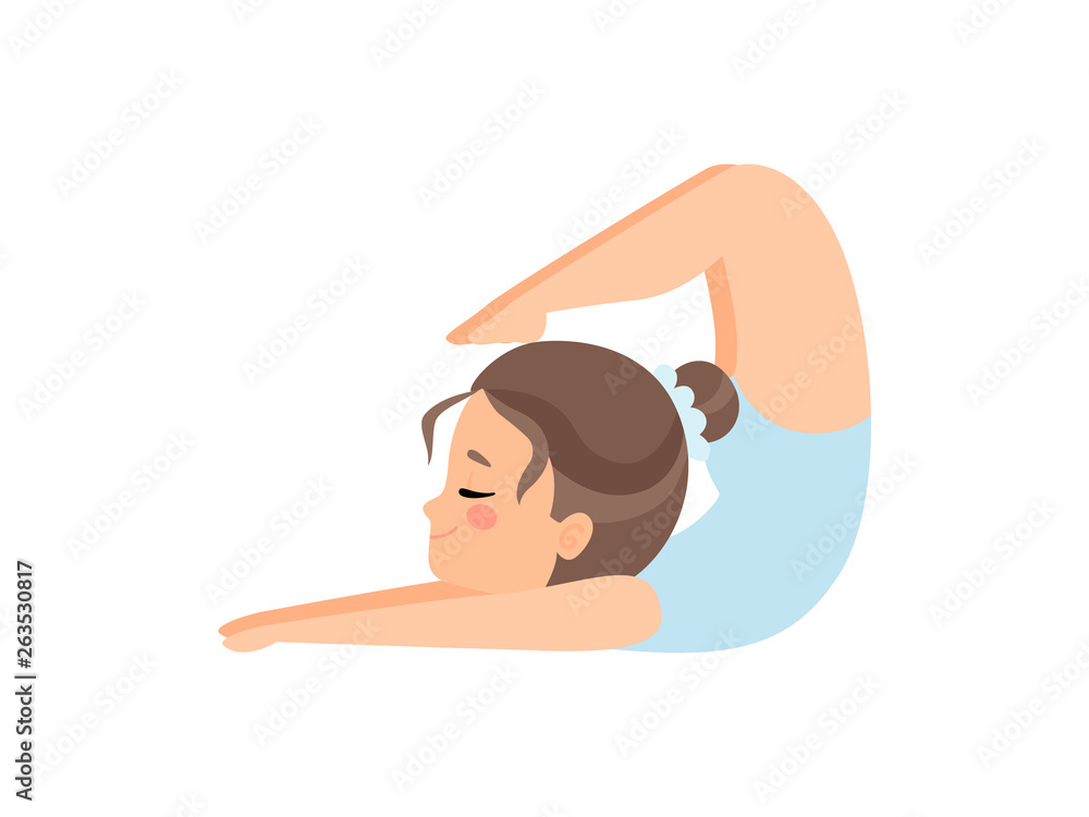Cute Flexible Little Ballerina Doing Exercise, Girl Gymnast Character Training in Light Blue Leotard Vector Illustration Cute Flexible Little Ballerina Doing Exercise, Girl Gymnast Character Training in Light Blue Leotard Vector Illustration