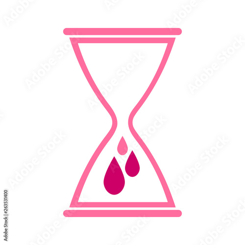 Hourglass symbol with blood drops. Concept of menstruation period, pregnancy or menopause. Vector illustration in flat style