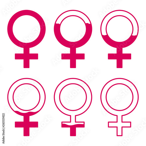 Set of gynecology icon with filled blood in pink color. Start and finish period. Concept of menstruation period, pregnancy or menopause. Vector illustration in flat style
