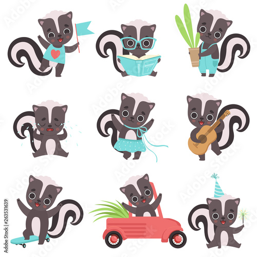 Cute Little Skunks Set, Adorable Baby Animals Cartoon Characters in Different Situations Vector Illustration